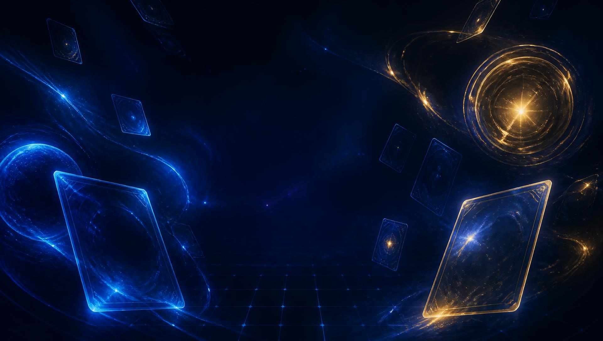 Abstract glowing trading cards over a dark navy grid